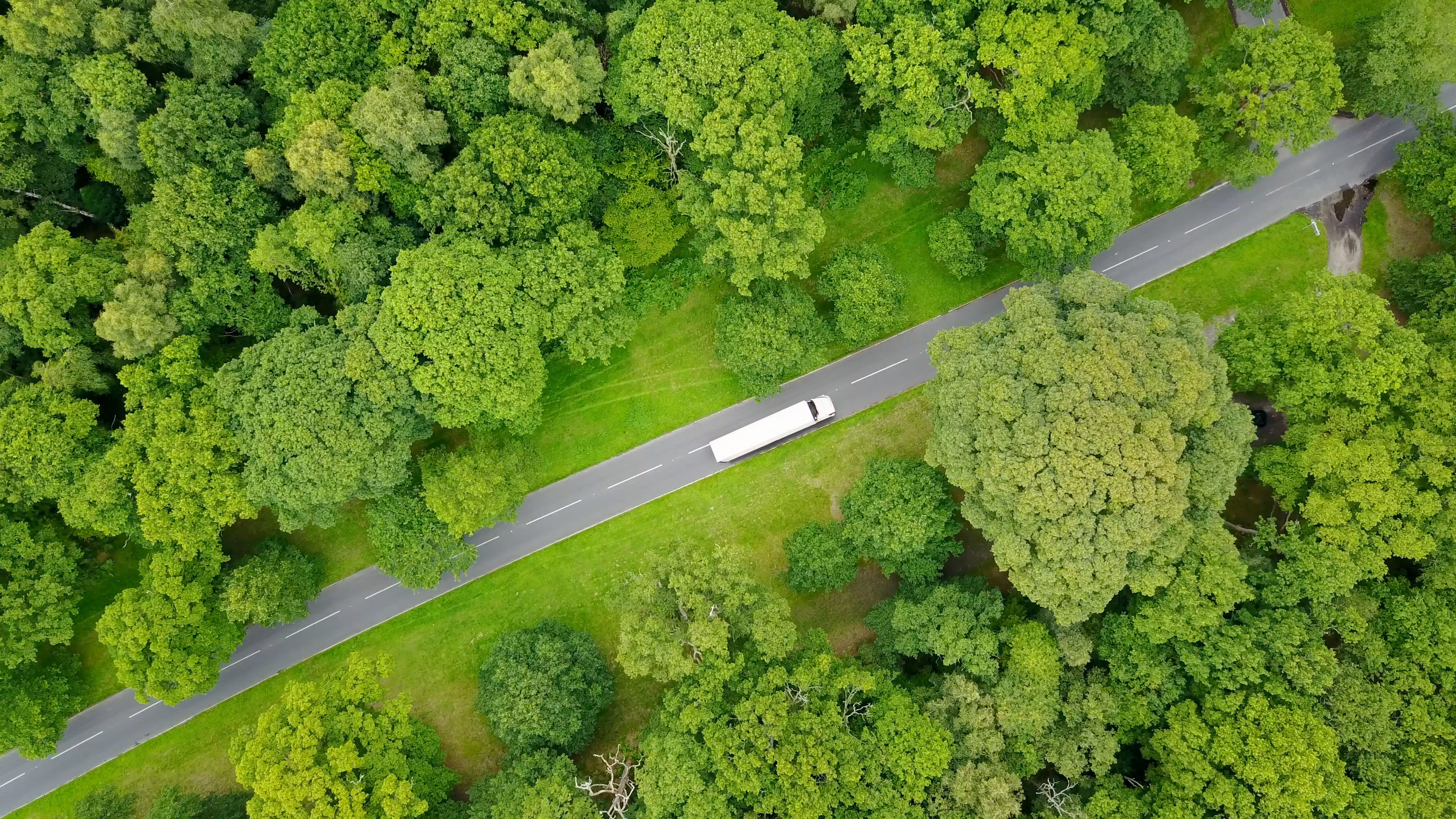 White delivery truck driving through a forest, seen from above